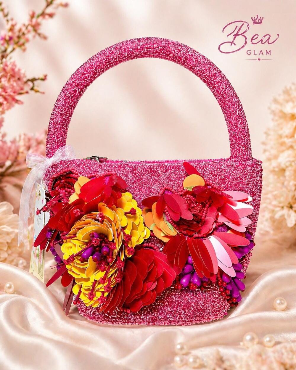 Rose Pink Beaded Bucket Bag with 3D Sequin Flowers – Handmade Artisan Clutch